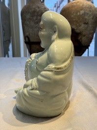 A Chinese famille rose Milefo Buddha and a white-glazed gilt-decorated Milefo Buddha, Wei Hongtai 魏洪泰 and Zhu Yishun 朱義順 mark, Republic