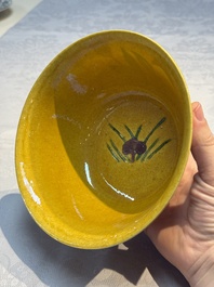 A rare pair of Chinese sancai yellow-ground 'Brinjal' bowls, Tianqi mark, 19th C.