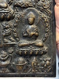 Three Tibetan copper repouss&eacute; plaques with Buddhist subjects, 19th C.