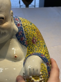 A Chinese famille rose Milefo Buddha and a white-glazed gilt-decorated Milefo Buddha, Wei Hongtai 魏洪泰 and Zhu Yishun 朱義順 mark, Republic