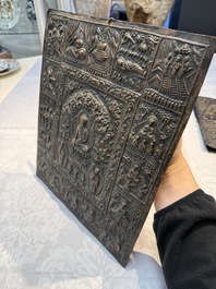 Three Tibetan copper repouss&eacute; plaques with Buddhist subjects, 19th C.