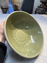 A large Chinese Longquan celadon 'Floral' bowl, Ming
