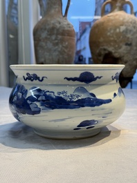 A Chinese blue and white censer depicting two sages in a mountainous landscape, Kangxi