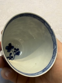 Nine Chinese blue and white cups and 12 saucers, Kangxi