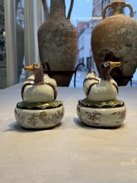A pair of rare polychrome Dutch Delft duck-form tureens and covers, 18th C.