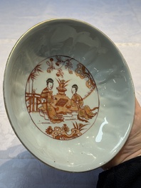 A pair of Chinese  iron-red and gilt-decorated 'Elegant Ladies and Tulips' bowls and covers, Kangxi