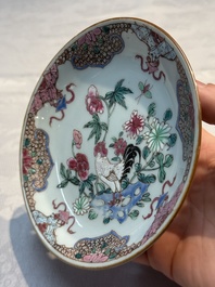 A Chinese famille rose 'Xi Xiang Ji' plate, a 'Rooster' saucer, and a 'Lowestoft' covered teapot, Yongzheng/Qianlong