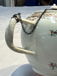 A Chinese famille rose 'Xi Xiang Ji' plate, a 'Rooster' saucer, and a 'Lowestoft' covered teapot, Yongzheng/Qianlong