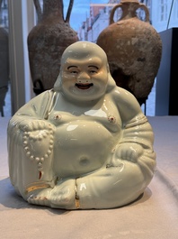 A Chinese famille rose Milefo Buddha and a white-glazed gilt-decorated Milefo Buddha, Wei Hongtai 魏洪泰 and Zhu Yishun 朱義順 mark, Republic