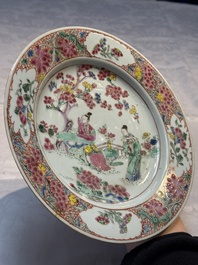 A Chinese famille rose 'Xi Xiang Ji' plate, a 'Rooster' saucer, and a 'Lowestoft' covered teapot, Yongzheng/Qianlong