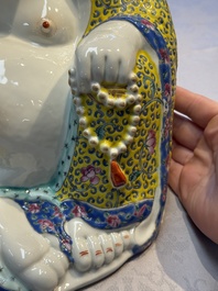 A Chinese famille rose Milefo Buddha and a white-glazed gilt-decorated Milefo Buddha, Wei Hongtai 魏洪泰 and Zhu Yishun 朱義順 mark, Republic