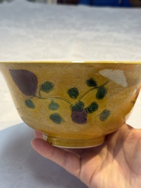 A rare pair of Chinese sancai yellow-ground 'Brinjal' bowls, Tianqi mark, 19th C.