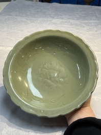 A Chinese Longquan celadon plate with incised floral design, Ming