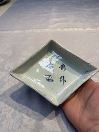 A rare Chinese blue and white Ko-Sometsuke lozenge-shaped inscribed tray for the Japanese market, Tianqi