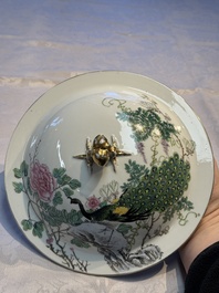A Chinese famille rose 'Peacock' covered bowl, a candlestick and a stembowl, Guangxu mark and of the period, 19/20th C.