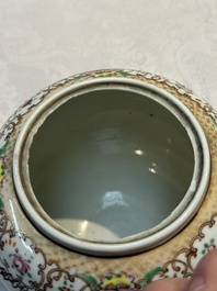 A Chinese famille rose 'Xi Xiang Ji' plate, a 'Rooster' saucer, and a 'Lowestoft' covered teapot, Yongzheng/Qianlong