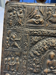 Three Tibetan copper repouss&eacute; plaques with Buddhist subjects, 19th C.