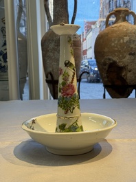 A Chinese famille rose 'Peacock' covered bowl, a candlestick and a stembowl, Guangxu mark and of the period, 19/20th C.