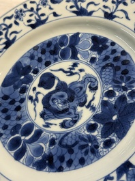 A Chinese blue and white 'Buddhist Lion' plate, Kangxi