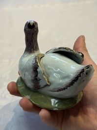 A pair of rare polychrome Dutch Delft duck-form tureens and covers, 18th C.