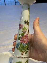 A Chinese famille rose 'Peacock' covered bowl, a candlestick and a stembowl, Guangxu mark and of the period, 19/20th C.