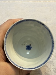 Nine Chinese blue and white cups and 12 saucers, Kangxi