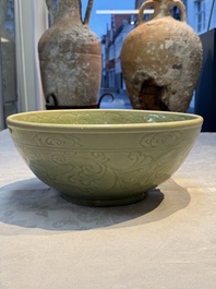 A large Chinese Longquan celadon 'Floral' bowl, Ming