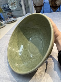 A large Chinese Longquan celadon 'Floral' bowl, Ming