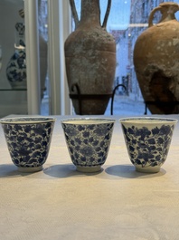 Nine Chinese blue and white cups and 12 saucers, Kangxi