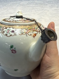 A Chinese famille rose 'Xi Xiang Ji' plate, a 'Rooster' saucer, and a 'Lowestoft' covered teapot, Yongzheng/Qianlong