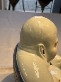 A Chinese famille rose Milefo Buddha and a white-glazed gilt-decorated Milefo Buddha, Wei Hongtai 魏洪泰 and Zhu Yishun 朱義順 mark, Republic