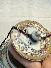 A Chinese famille rose 'Xi Xiang Ji' plate, a 'Rooster' saucer, and a 'Lowestoft' covered teapot, Yongzheng/Qianlong