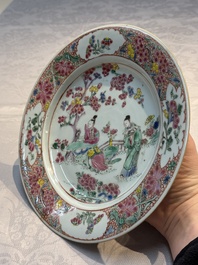 A Chinese famille rose 'Xi Xiang Ji' plate, a 'Rooster' saucer, and a 'Lowestoft' covered teapot, Yongzheng/Qianlong