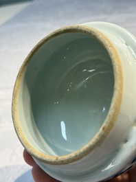 Three Chinese blue and white vases, one covered, Kangxi mark, 19th C. and later