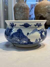 A Chinese blue and white censer depicting two sages in a mountainous landscape, Kangxi