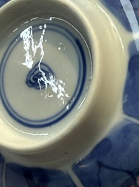 Nine Chinese blue and white cups and 12 saucers, Kangxi