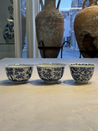 Nine Chinese blue and white cups and 12 saucers, Kangxi
