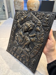 Three Tibetan copper repouss&eacute; plaques with Buddhist subjects, 19th C.