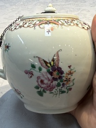 A Chinese famille rose 'Xi Xiang Ji' plate, a 'Rooster' saucer, and a 'Lowestoft' covered teapot, Yongzheng/Qianlong