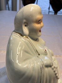 A Chinese famille rose Milefo Buddha and a white-glazed gilt-decorated Milefo Buddha, Wei Hongtai 魏洪泰 and Zhu Yishun 朱義順 mark, Republic