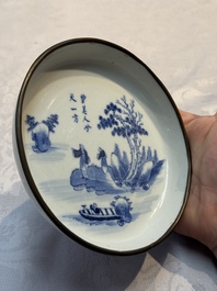 A Chinese blue and white 'Bleu de Hue' plate with a poem for the Vietnamese market, Nhược th&acirc;m tr&acirc;n t&agrave;ng 若深珍藏 mark, 19th C.