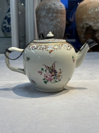 A Chinese famille rose 'Xi Xiang Ji' plate, a 'Rooster' saucer, and a 'Lowestoft' covered teapot, Yongzheng/Qianlong