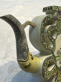 A pair of Chinese verte biscuit 'Shou' wine ewers, 19th C.