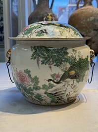 A Chinese famille rose 'Peacock' covered bowl, a candlestick and a stembowl, Guangxu mark and of the period, 19/20th C.