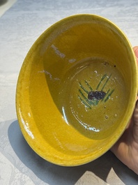 A rare pair of Chinese sancai yellow-ground 'Brinjal' bowls, Tianqi mark, 19th C.