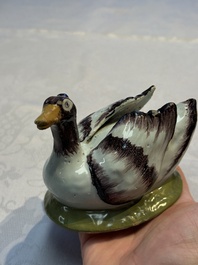 A pair of rare polychrome Dutch Delft duck-form tureens and covers, 18th C.