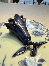 A Chinese blue and white dish, tureen and stand with floral design, Qianlong