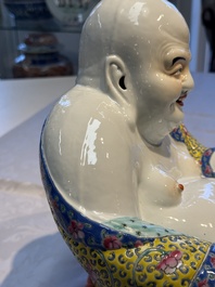 A Chinese famille rose Milefo Buddha and a white-glazed gilt-decorated Milefo Buddha, Wei Hongtai 魏洪泰 and Zhu Yishun 朱義順 mark, Republic