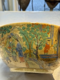 A Chinese famille rose 'Millefleurs' plate, a 'Dragons' plate, and a Nanking famille verte caf&eacute;-au-lait-ground bowl, Qianlong marks, 19/20th C.