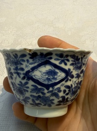 Nine Chinese blue and white cups and 12 saucers, Kangxi